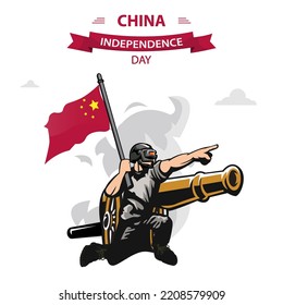 China Independence Day Vektor. Patriotischer Soldat von Flat Design mit der chinesischen Flagge.