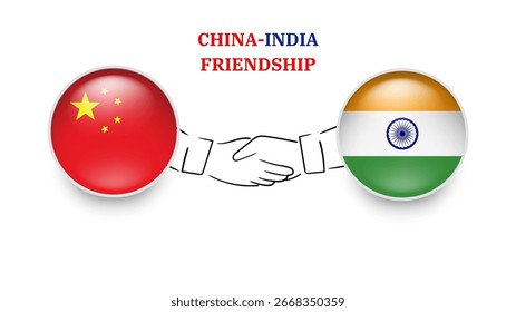 Bandeiras da CHINA e da ÍNDIA em círculo com apertar mão.CHINA e amizade da ÍNDIA.Bandeiras da CHINA e da ÍNDIA, isoladas sobre fundo branco. Conjunto de ícones de vetor. Ilustração vetorial.