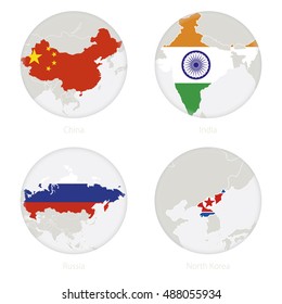 China, India, Russia, North Korea map contour and national flag in a circle. Vector Illustration.