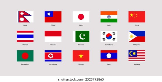 China, India, Taiwán, Japón, Corea del Sur, Tailandia, Indonesia, Pakistán, Ilustración vectorial de bandera de Filipinas. Los estados asiáticos tienen símbolos nacionales con nombres de países. Iconos de banderas oficiales simples de Asia