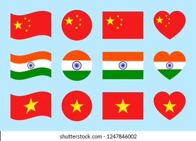 China, India, Vietnam flags vector set. Flat isolated icons. Chinese, Indian, Vietnamese national symbols collection. Web, sports page, travelling touristic design element. Geometric shape
