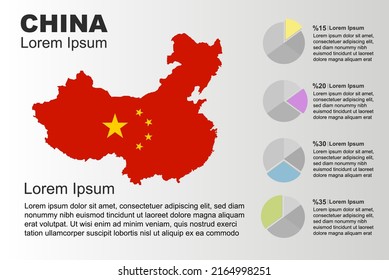 China infografía general uso plantilla vectorial con gráfico circular, copia de la idea de las estadísticas del espacio, mapa del país de China con gráfico, idea de presentación, gráfico de área en blanco para datos, fondo gris