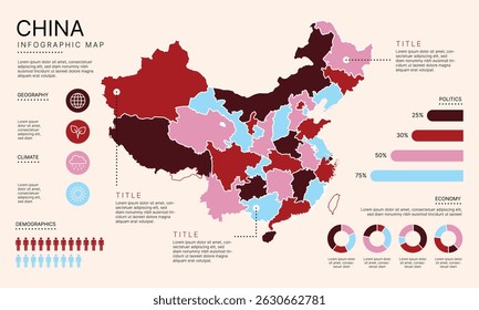Mapa Infográfico da China com distritos administrativos separados, camadas separadas editáveis, zonas e elementos de visualização de dados. Mapa infográfico para apresentação. Ilustração vetorial