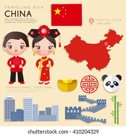 China : Infographic with Traditional Costume and Tourist Attractions : Vector Illustration EPS10