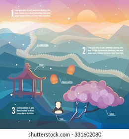 China infographics. China Eastern landscape. Mountains, nature with traditional Chinese elements. Low polygon style flat illustration for web, mobile, print.