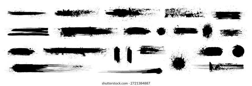 China Tinte Töchter, Spritzer und Spritzer. Handgezeichnete schwarze Lackabstriche, raue Pinselstriche, Punkspray-Blots. Grunge-Set aus schmutzigen Spray-Texturen und Kritzelpinsel-Striche. Grungy-Dab-Spot-Bag