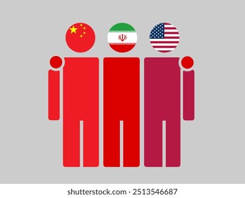 China, Iran, and USA National Flags With Embracing Body. Vector Illustration. Isolated background.
