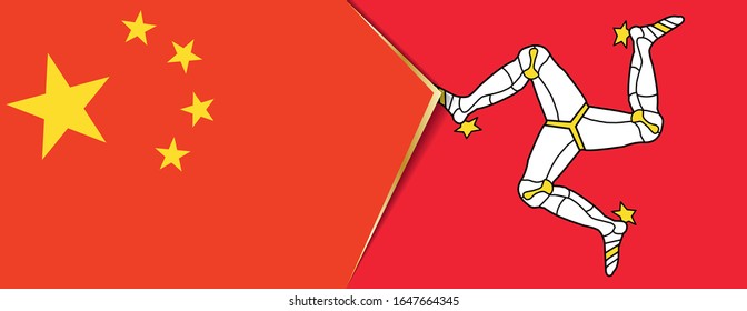 China und die Isle of Man Flaggen, zwei Vektorillustrationen Flaggen Symbol für Beziehung oder Konfrontation.