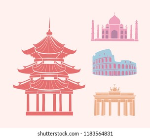 China and Italy, Germany and India set isolated icons vector. Sightseeing places for foreigners. Gates and Colosseum, Taj Mahal building architecture