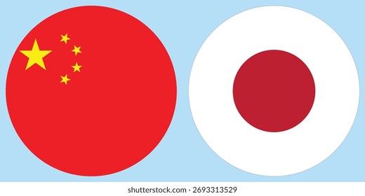 China e Japão vetor de bandeira circular com fundo azul claro 