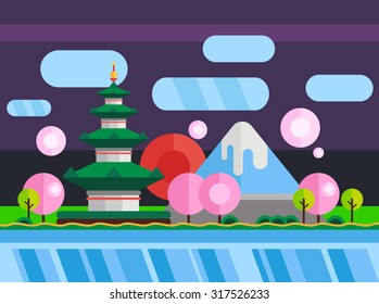 China, Japan. Colorful flat landscape with mountains, trees, pagoda, sakura, river, sky, red sun. National symbols. Asia