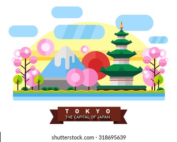 China, Japan. Colorful flat landscape with mountains, trees, pagoda, sakura, river, sky, red sun. National symbols. Asia