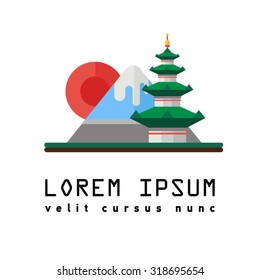 China, Japan. Colorful flat landscape with mountains, trees, pagoda, sky, red sun. National symbols. Asia