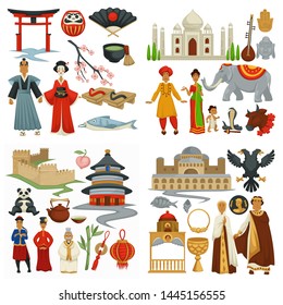 China and Japan India and Byzantium traveling culture and history vector geisha and samurai men and women Taj Mahal and torii gate capitol building and Great wall landmarks and heritage nationalities.