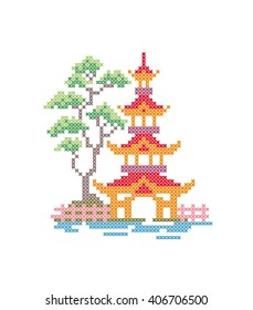 China. Japan. Pagoda. Cross stitch. Scheme of knitting and embroidery. Vector.