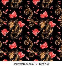 China and japan tattoo style. Seamless pattern with spiritual symbols carp, snake and flowers. Can be used for wallpapers, gift wrap, textile, duvets and linens, yoga mat, phone case.