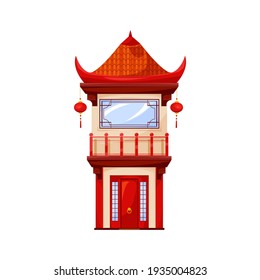 China or Japan temple architecture isolated red oriental building icon. Vector traditional chinatown pagoda with red paper festive lanterns. Facade exterior design, ancient asian structure