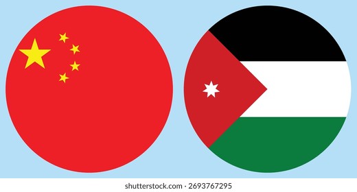Vector de bandera circular de China y Jordania con fondo azul claro 