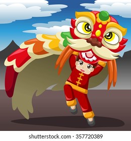 China Kid playing Lion Dance