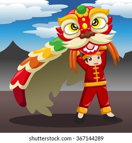 China Kid playing Lion Dance