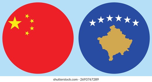 Vector de bandera circular de China y Kosovo con fondo azul claro 