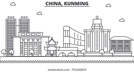 China, Kunming architecture line skyline illustration. Linear vector cityscape with famous landmarks, city sights, design icons. Landscape wtih editable strokes