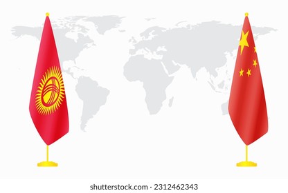 China and Kyrgyzstan flags for official meeting against background of world map.