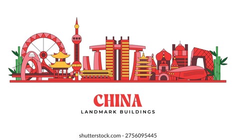 China Landmark Buildings Flat Vector Illustration - Iconic Chinese Skyline Architecture in Minimalist Style