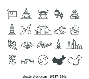 China and Landmark Icons set,Vector,Editable Stroke