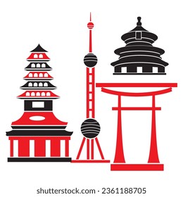 Juego de iconos de monumentos de China. Vector e Ilustración. conjunto de famosos monumentos de estilo de silueta de China con diseño de color clásico blanco y negro,ilustración vectorial