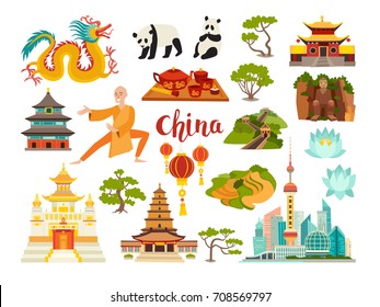 China landmarks vector icons collection. Chinese travel attraction. China landmarks: Shanghai cityscape, Temple and dragon. Shaolin monk, pandas and rice fields