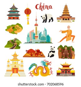 China landmarks vector icons set. Illustrated travel collection. Chinese travel attraction. Shanghai cityscape Temple, chinese dragon, panda and Buddha, Shaolin and tea,isolated on white background