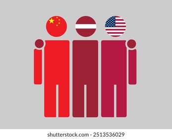 China, Latvia, and USA National Flags With Embracing Body. Vector Illustration. Isolated background.