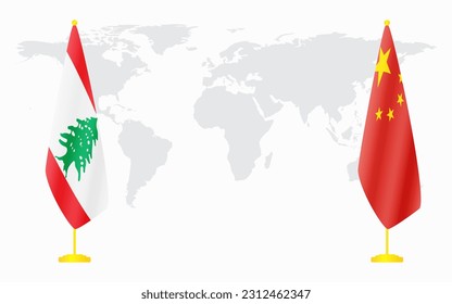 China and Lebanon flags for official meeting against background of world map.