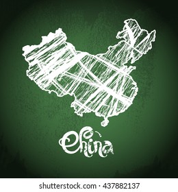China lettering. Vector white map on green chalkboard