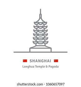 China line icon. Longhua Temple and Pagoda at Shanghai and Chinese flag vector illustration.