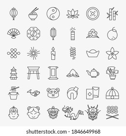 China Line Icons Set. Vector Thin Outline Chinese New Year Symbols.