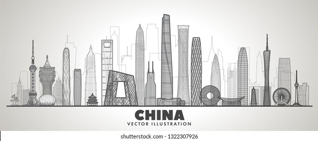 China line skyline with panorama in white  background. Vector Illustration. Business travel and tourism concept with modern buildings. Image for banner or web site. 