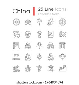 China linear icons set. Ancient Chinese traditions. Lunar New Year celebration. Eastern ceremonies. Customizable thin line contour symbols. Isolated vector outline illustrations. Editable stroke