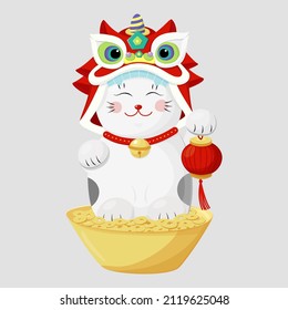 China lion dance maneki neko cat set in chinese style.Vector graphic. Happy chinese new year illustration. Japanese icon with red china symbol.