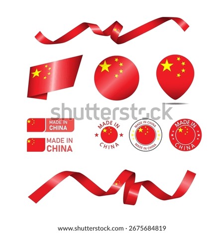 China made in logo. Set of design flags label icon, stripes, ribbons