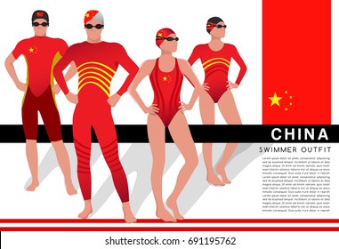 China : Male and Female Swimmers : Swimmers in National Swimsuits : Vector Illustration