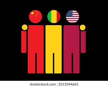 China, Mali, and USA National Flags With Embracing Body. Vector Illustration. Isolated background.