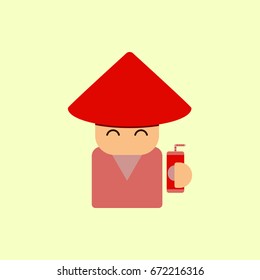 China man Vector illustration of Chinese new year celebration in flat style Chinese man face in traditional dress with drink packet with straw