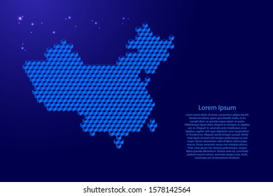 China map from 3D blue cubes isometric abstract concept, square pattern, angular geometric shape, glowing stars. Vector illustration.