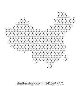 China map from abstract futuristic hexagonal shapes, lines, points black, in the form of honeycomb or molecular structure. Vector illustration.