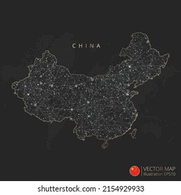 China Map Abstract Geometric Mesh Polygonal Light Concept With Black And White Glowing Contour Lines Countries And Dots On Dark Background. Vector Illustration