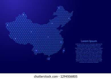 China map abstract schematic from blue lines repeating pattern geometric background with rhombus and nodes with space stars for banner, poster, greeting card. Vector illustration.