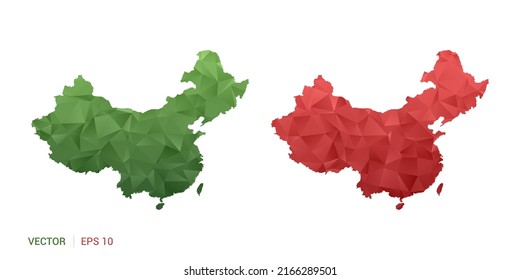 China map of abstract vector polygon set couple color green and red.