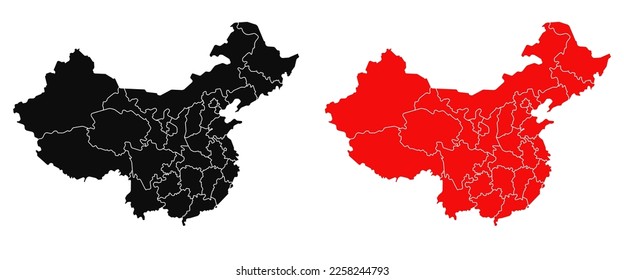 Mapa de China con división administrativa aislada en colores negro y rojo - vector de stock